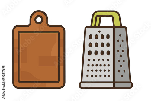 Wooden cutting board and metal box grater kitchen utensils set isolated on white background