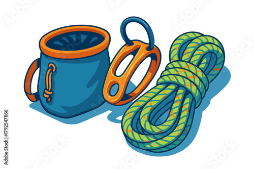 Climbing safety equipment set with coiled rope chalk bag and orange belay device