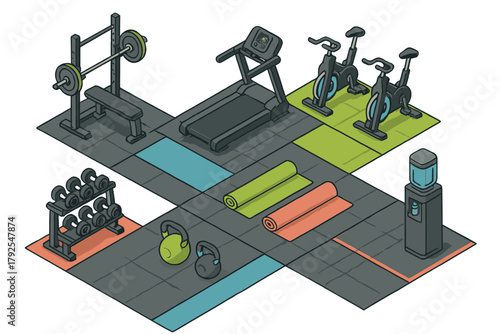 Isometric layout of a modern fitness center floor featuring exercise equipment