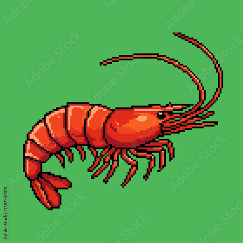 Vibrant pixel art illustration of a red shrimp with long antennae on a solid green background.