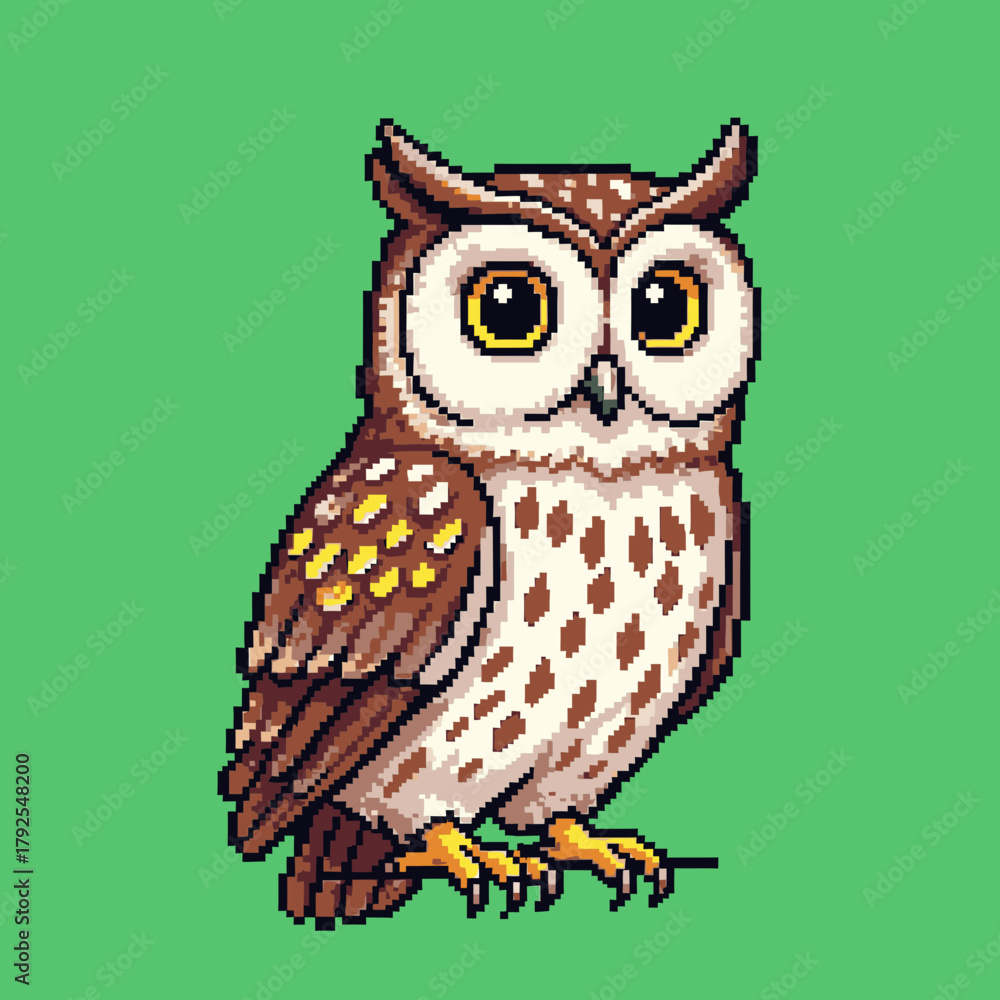 Naklejka premium A charming pixel art illustration of a brown and white owl with large yellow eyes, standing against a vibrant green background.