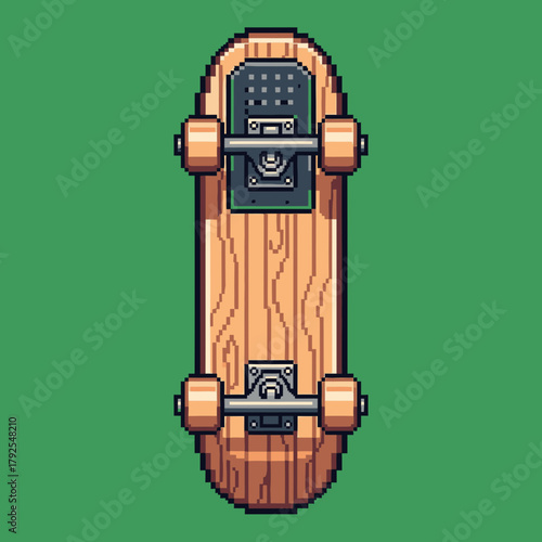 Pixel art illustration of a wooden skateboard with trucks and wheels, viewed from above on a solid green background.