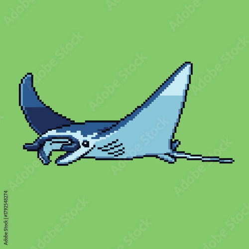 A pixel art illustration of a blue manta ray swimming on a green background.