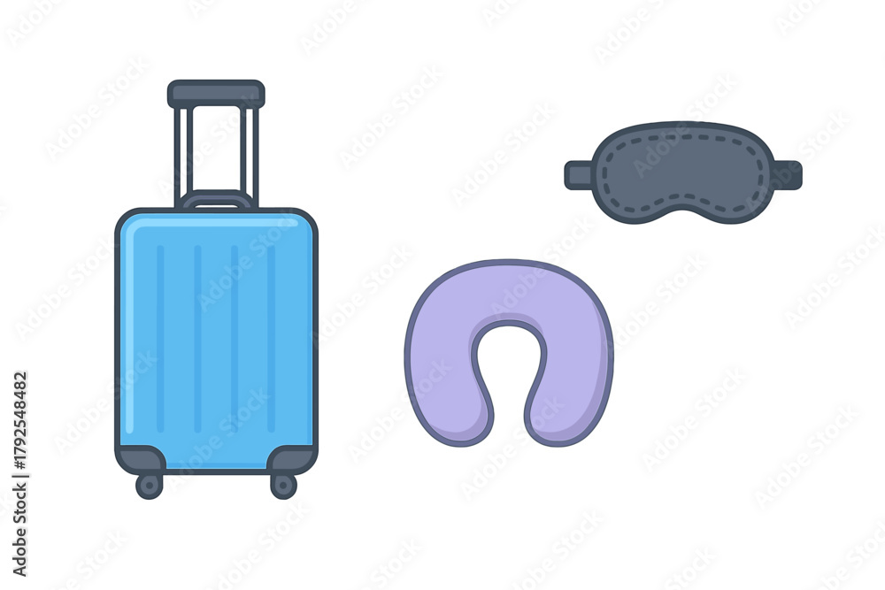 Obraz premium Blue rolling suitcase, comfortable neck pillow, and dark sleep mask for essential travel