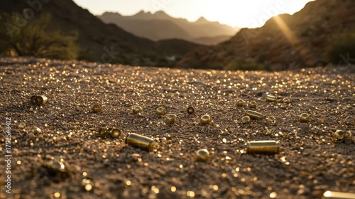 Golden hour illuminates piles of spent brass shell casings glinting on dusty desert ground with mountains in the background