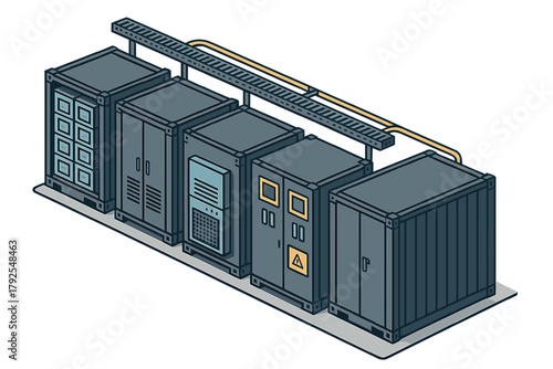 Containerized data center infrastructure featuring multiple server racks and network connections