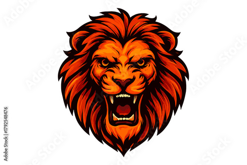 Fierce roaring lion head mascot with fiery orange mane and aggressive look