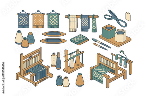 Traditional weaving and textile craft tools set including looms, yarn spools, shuttles, and finished fabrics