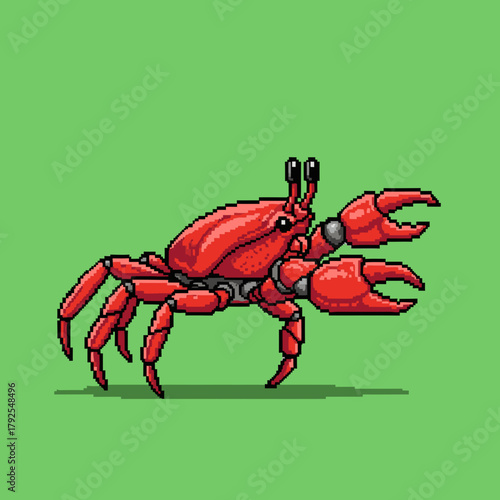 Pixel art illustration of a vibrant red crab with large claws and stalk eyes, standing on a subtle shadow against a solid green background.