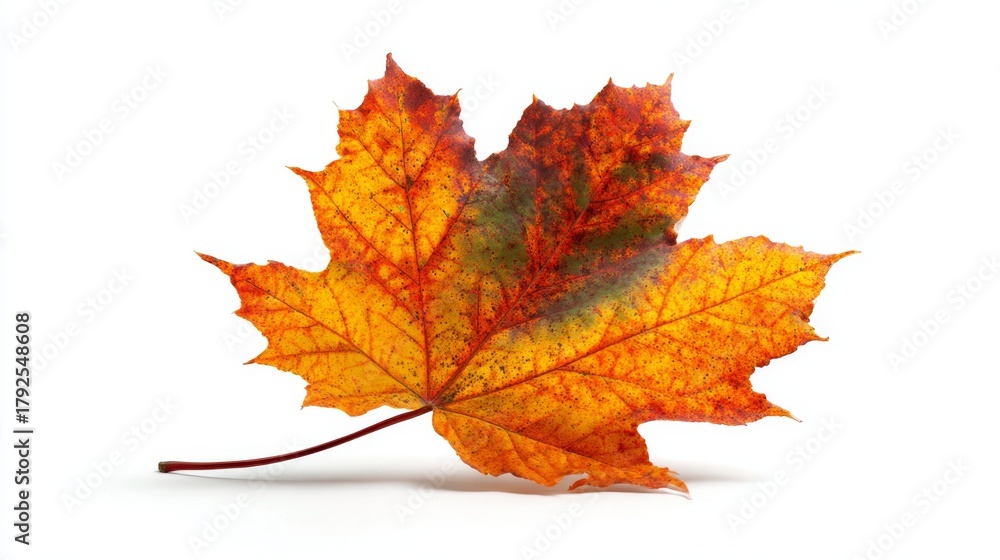 Fototapeta premium Seasonal simplicity: a golden leaf on pristine ground. Grotesque style. A golden maple leaf resting on white, slightly tilted in autumn style. Vibrant expression. Dreamlike imagery.