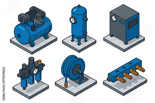 Isometric industrial compressed air system with compressor tank filter and hose reel