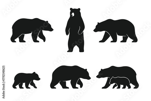 Minimalist black silhouettes of bears in various poses including walking, standing, and a mother with a cub