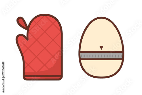Essential kitchen tools set featuring a protective red oven mitt and a classic egg shaped cooking timer