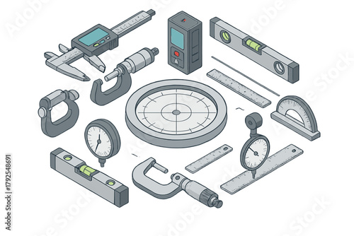 Isometric collection of precision measuring tools, digital calipers, and spirit levels