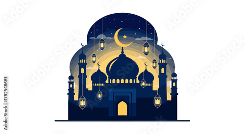 Eid Mubarak Mosque Illustration with Moon and Stars