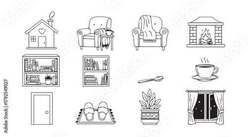 Collection of cozy home interior elements in a simple sketch silhouette style