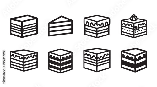 Collection of eight stylized cake slices and whole cakes in a simple black and white silhouette style