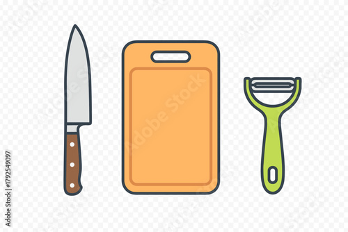 Cooking preparation equipment set with a chef knife, rectangular wooden cutting board, and potato peeler