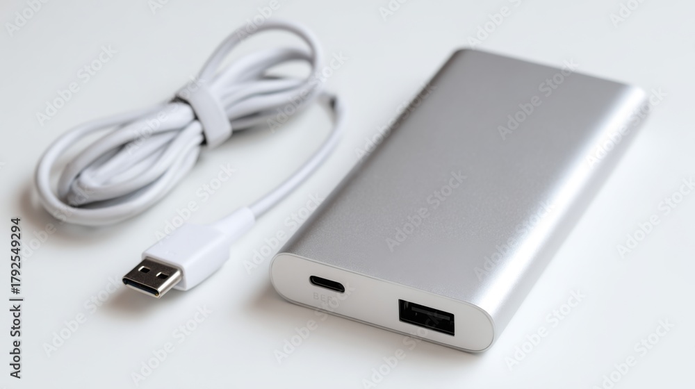 Fototapeta premium A Brand New Power Bank Displayed on a Super Simple White Background, Symbolizing Modern Portable Energy and Convenience, Perfect for Tech and Gadget Themes