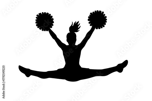 Dynamic silhouette of a cheerleader performing a split jump while holding pom-poms high