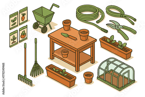 Isometric set of essential gardening tools and planting supplies for home garden work