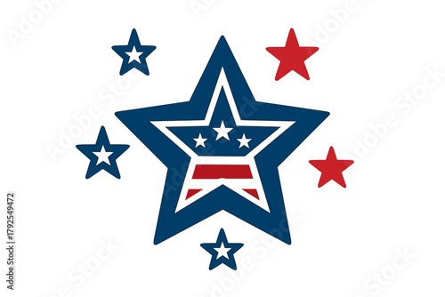Bold patriotic star design featuring American flag colors and surrounding decorative stars