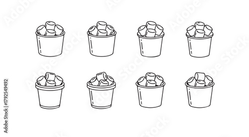 Collection of eight hand drawn outline beverage cups with lids silhouette
