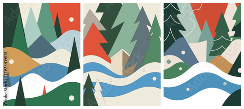 Abstract Landscape Illustration with Trees Mountains and Water.