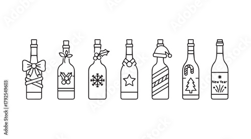 Collection of festive christmas decorated wine bottle silhouettes with bows and snowflakes