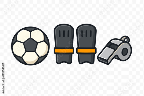 Essential soccer game equipment set featuring a football, protective shin guards, and a metal whistle