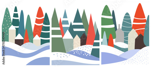 Colorful Winter Village Scene with Trees and Snow.