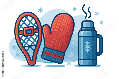 Snowshoe, warm knitted mitten, and hot beverage thermos flask for winter outdoor activities