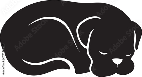 A simple black and white illustration of a peacefully sleeping curled up dog