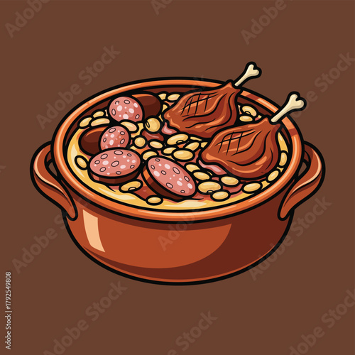 Hearty stew with beans, smoked sausage and ham hocks in a clay pot.