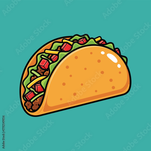 Colorful cartoon taco illustration with fresh toppings.