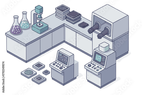 Semiconductor manufacturing laboratory setup with specialized equipment and microchip components