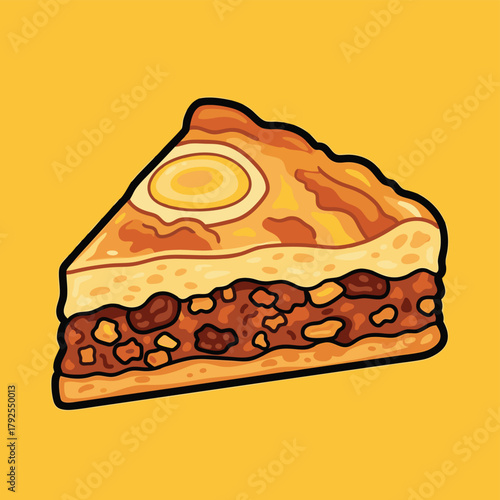 Illustrated slice of savory meat pie with a baked egg on top.