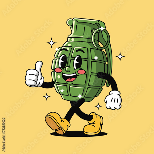 A cheerful retro cartoon hand grenade character walking and giving a thumbs-up gesture.