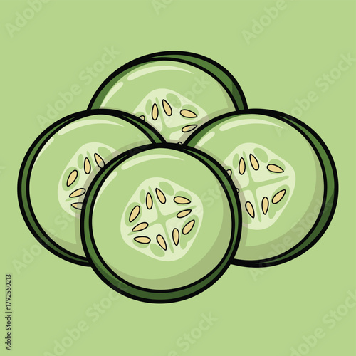 A cartoon vector illustration of four fresh green cucumber slices arranged on a light green background.