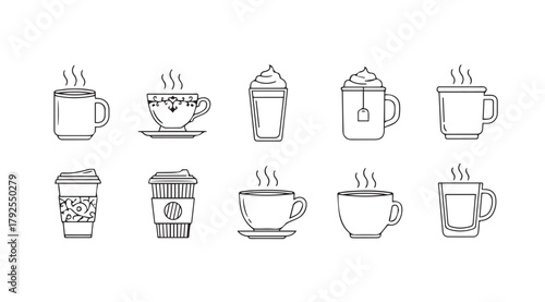 Collection of hand drawn coffee and tea cups and mugs silhouette