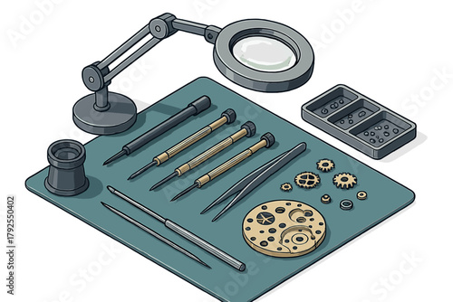 Professional watch repair tools and intricate mechanical clockwork components on a protective mat
