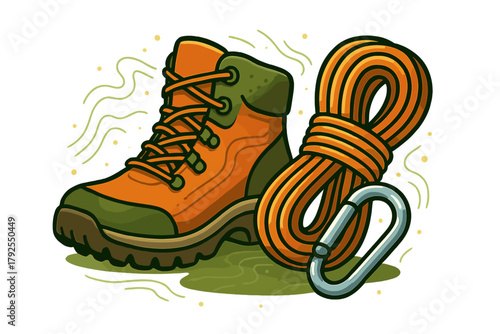 Sturdy hiking boot, coiled climbing rope, and metal carabiner for outdoor adventure