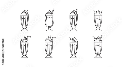 Collection of eight stylized milkshake glasses with whipped cream and straws silhouette