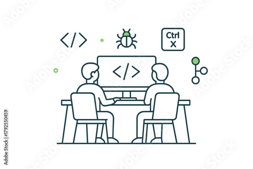 Two software developers collaborating on code development and debugging at a desk