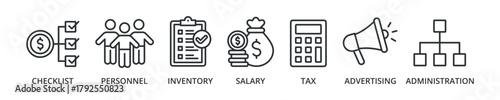 Cost reduction banner icon checklist, personnel, inventory, salary, tax, advertising, administration