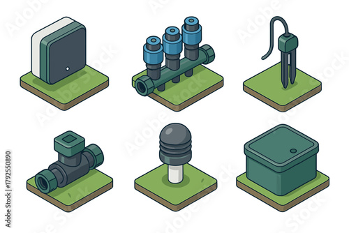 Smart irrigation system components in isometric view: controller, sensor, and valves