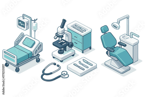 Isometric set of essential medical and dental equipment including hospital bed, microscope, and examination chair