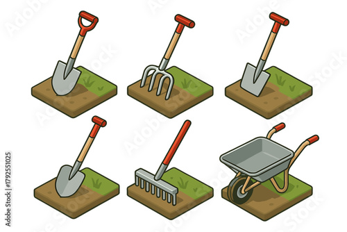 Isometric gardening tools including shovel, rake, pitchfork, and wheelbarrow resting on small patches of ground