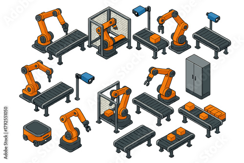 Industrial automation components set with robotic arms, conveyor systems, and mobile robots