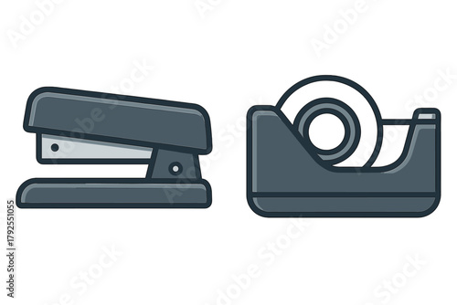 Dark gray stapler and a roll of sticky tape dispenser, common tools